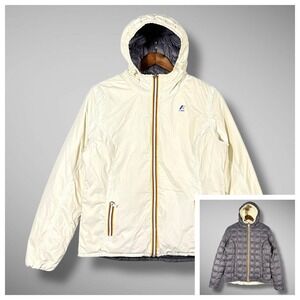 K Way Reversible Down Jacket Women Large Milk White Gray Hooded Full Zip Quilted